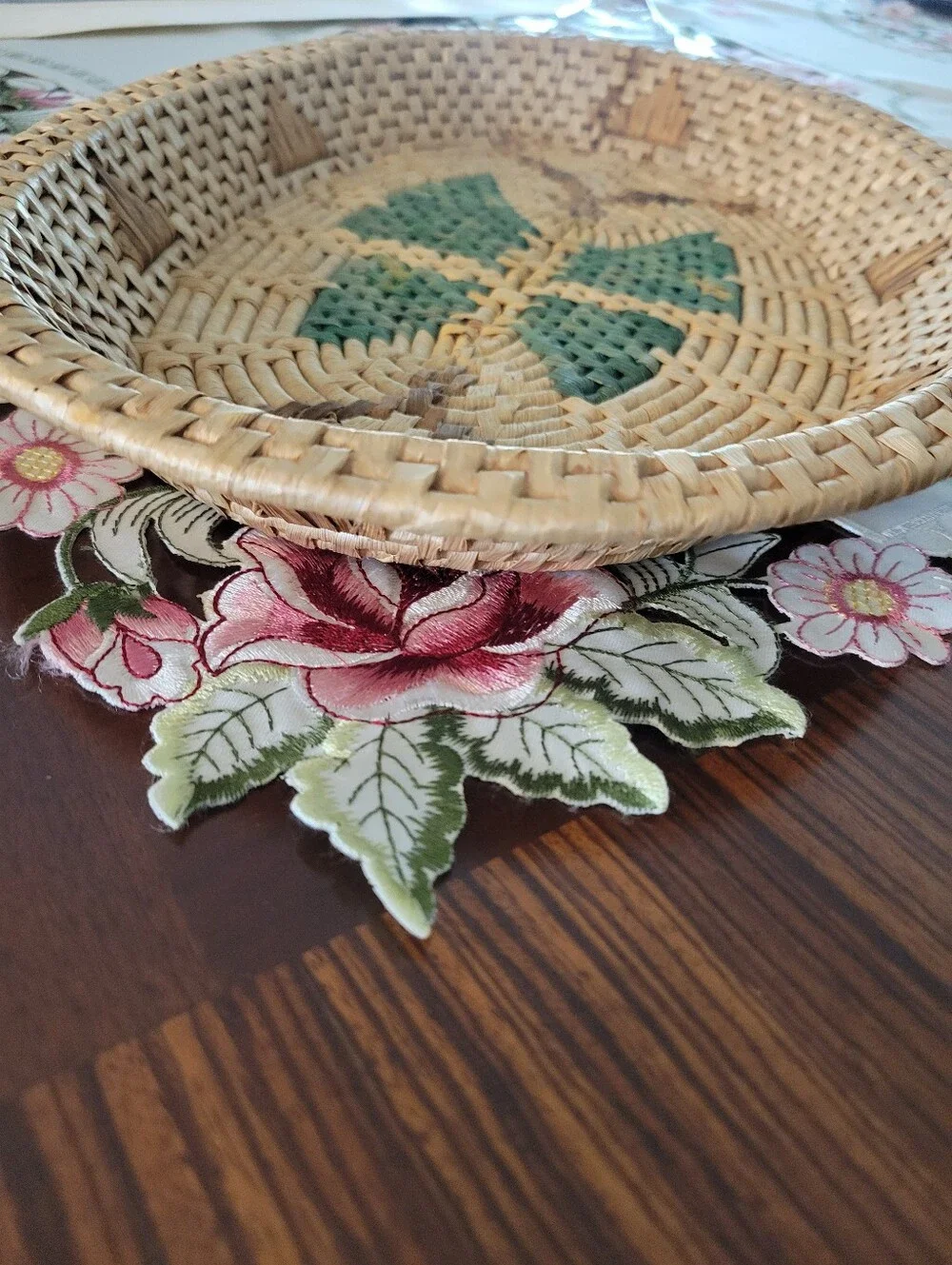 Handwoven Natural and Green Decorative Woven Basket Bowl